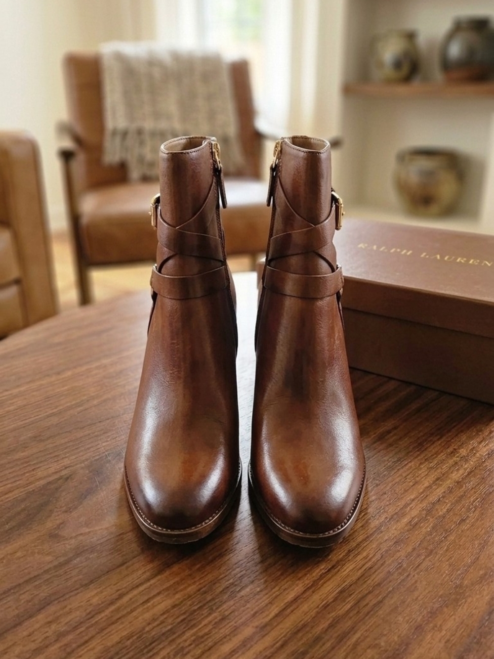 Ralph Lauren Tan Leather Wrap-Strap Ankle Boots - Picture 2 of 2